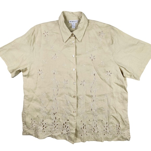 Linen 3 Pc Set Floral Eyelet Jacket Shell Pant Womens 5XL Tan Lagenlook Boho VTG - Picture 4 of 14